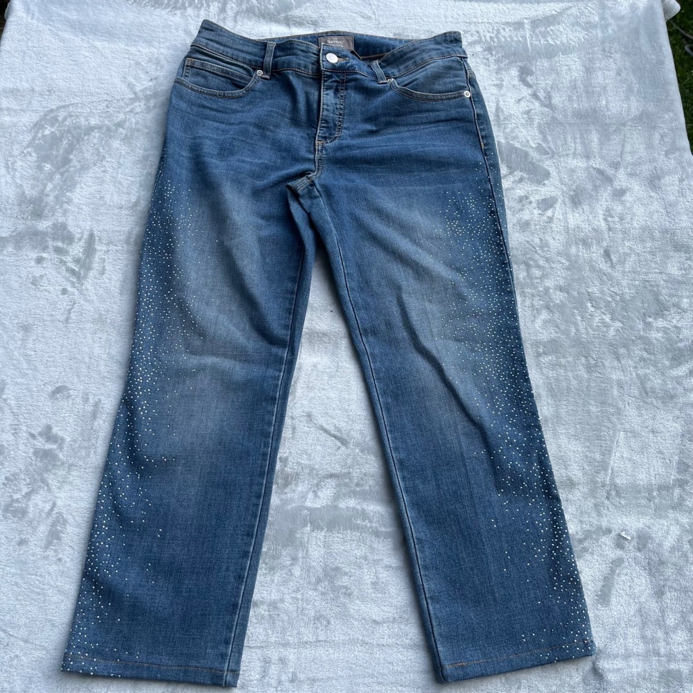Chicos So Slimming Rhinestone Ankle Jeans Blue Denim Straight Leg Size 0.5 S/M
